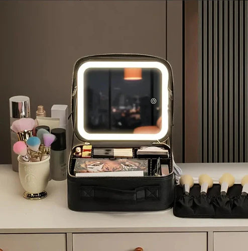 Maleta Cosmetiquero Organizador De Maquillaje Con Espejo LED - Negro